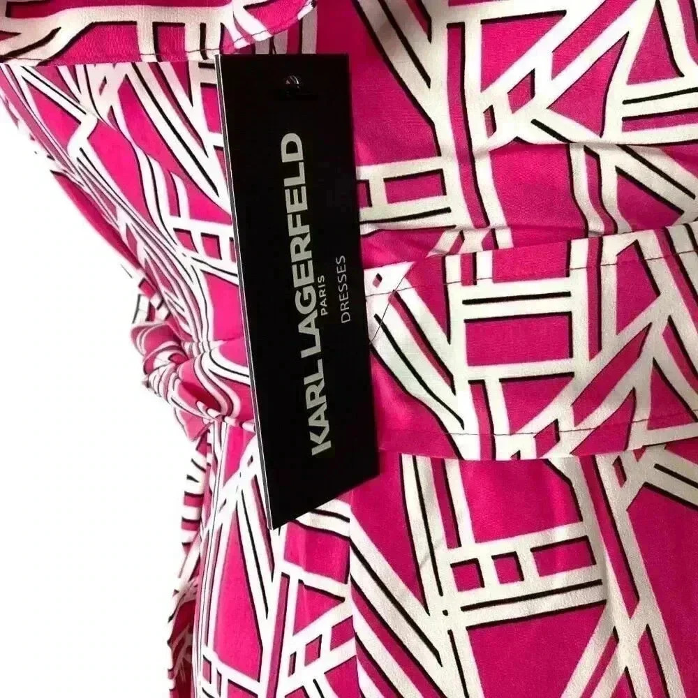 Karl Lagerfeld Logo Print Shirtdress Women 10 Pink Button Front Short Sleeve NEW - Picture 7 of 9